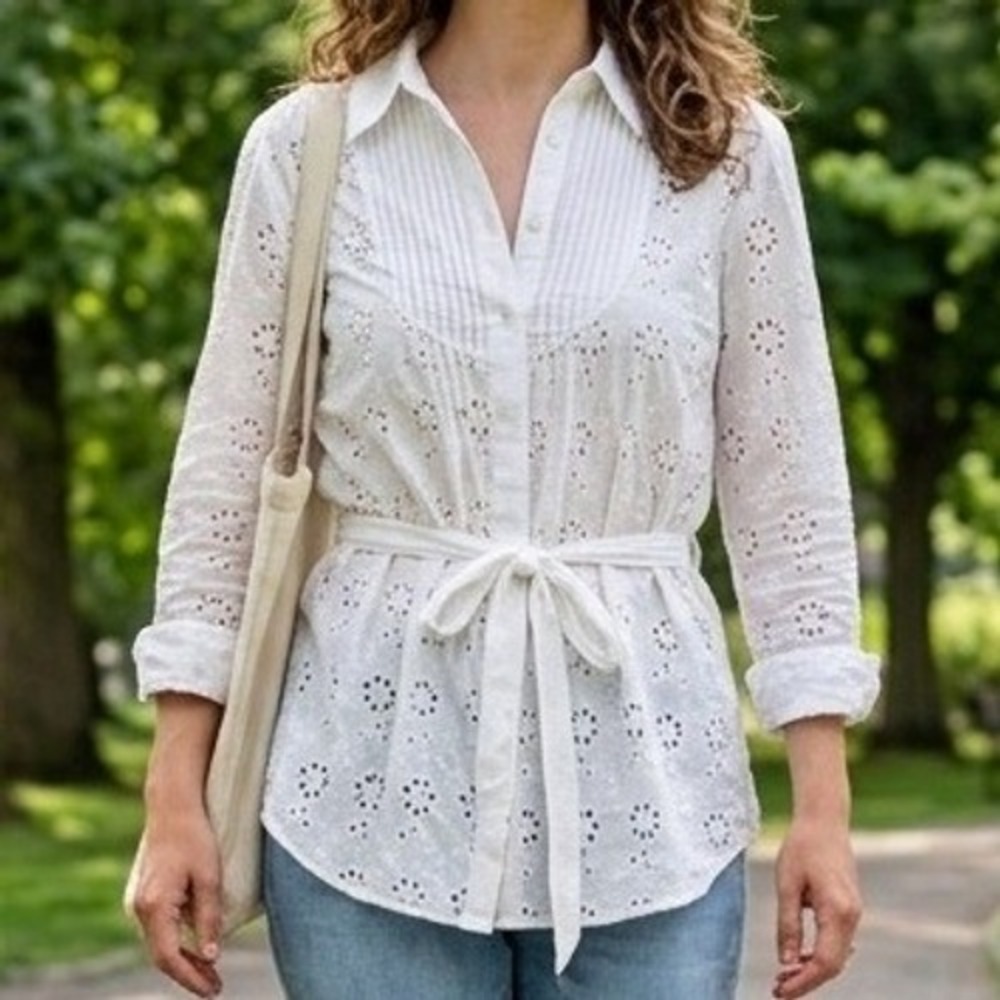 Laura Ashley White Eyelet Cotton Tie Waist Pleated Bib Blouse Size 11 Cottagecor